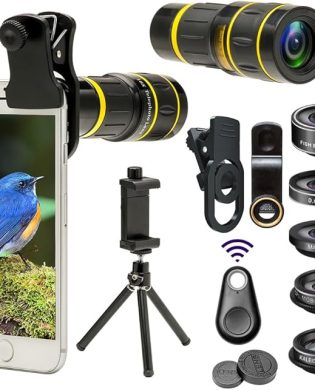 Godefa Cell Phone Camera Lens with Tripod+ Shutter Remote,6 in 1 18x Telephoto Zoom Lens/Wide Angle/Macro/Fisheye/Kaleidoscope/CPL, Clip-On lense Compatible for iPhone X 8 7 6s Plus, Samsung and More